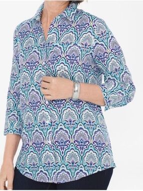 Chico's 100% Linen No Iron Teal Blue Button Up Blouse SZ 3 NWT XL